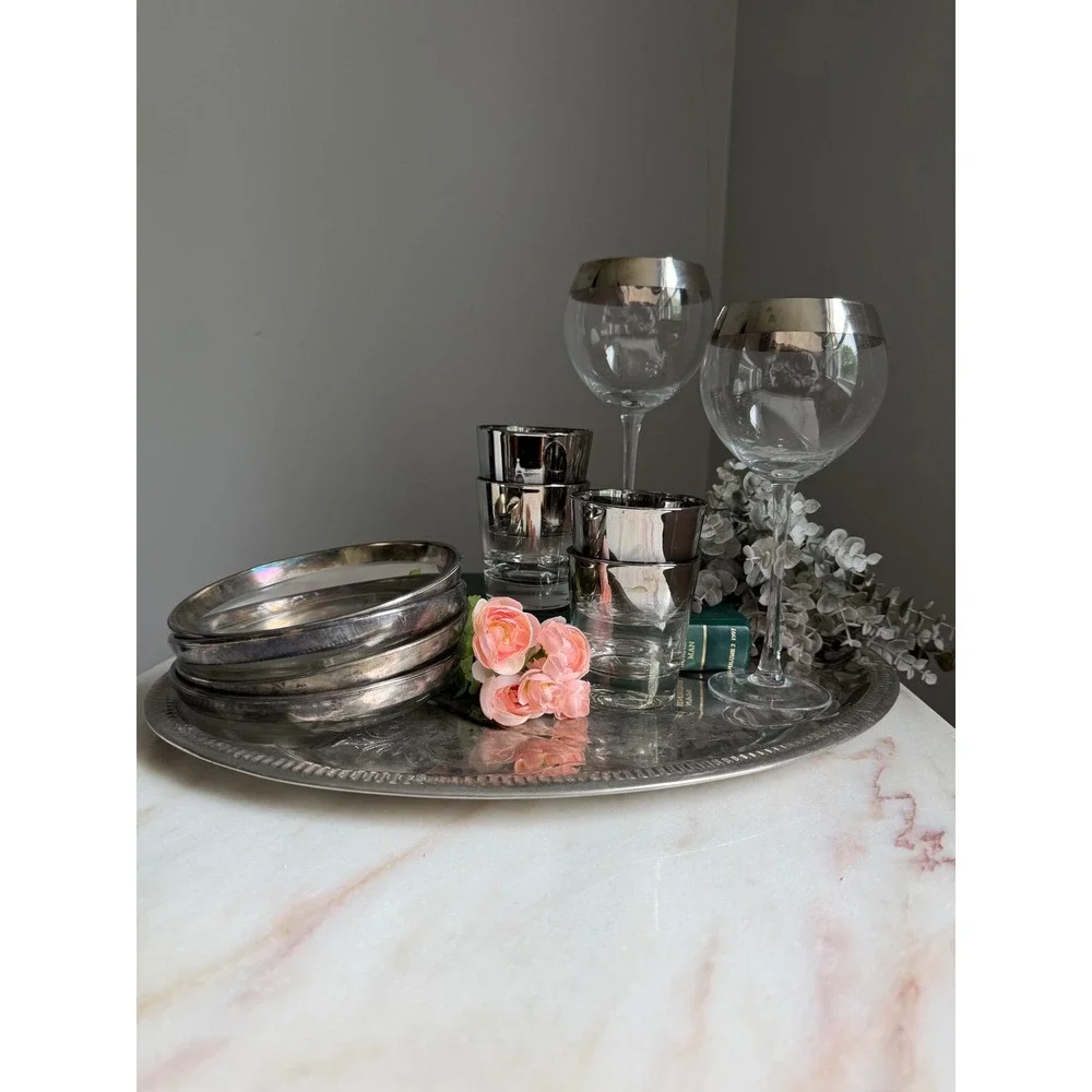 Vintage Silver Tone Tree and Well Meat Platter Etched Floral Serving Tray 18in